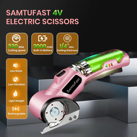 SamtuFast Cordless Electric Scissors, Lightweight Rotary Box Cutter with ergonomic grip and rechargeable battery, shown from an angle.