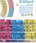 Open case front view of Qibaok 660 pcs plastic heat-shrink butt connectors for automotive wiring in pink, blue, yellow.