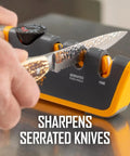 Adjustable Angle Knife Sharpener With 2-Stage Coarse And Fine Sharpening for serrated blades in use on a kitchen counter