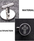 Cross Titanium Steel Cufflinks For Men Black Cross Shirt Fasteners with close-up view showing material and multifunction features.