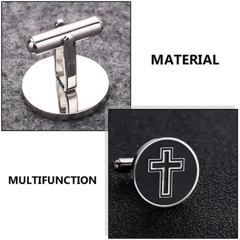 Men's Titanium Steel Cross Cufflinks Black Metal Dress Accessories For Business Formal Wear shown with cross design and clasp detail.