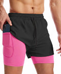 Two In One Men's Running Shorts With Liner, Quick Dry Athletic Shorts For Workouts, Black Pink, showing zip pocket detail