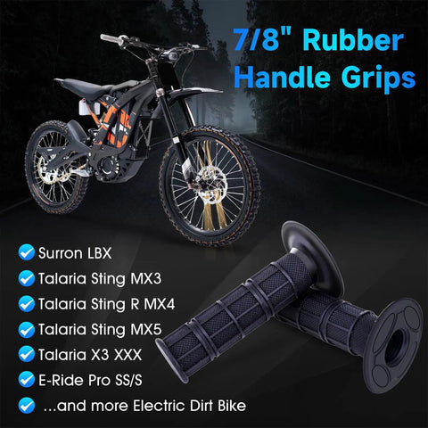 Universal Rubber Dirt Bike Handlebar Grips Seven Eighths Inch For Sur Ron LBX Talaria Sting MX3 MX4 MX5 Talaria X3 XXX E Ride Pro SR S SS Ventus One Fits Two Point Zero Three Point Zero Electric Dirt Bikes