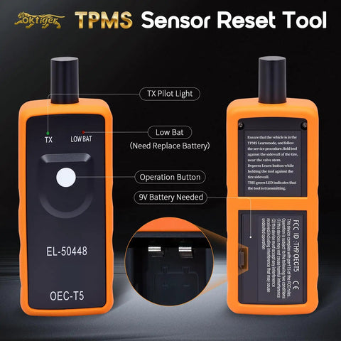 No Hassle Tpms Relearn Tool For Gm Cars El 50448 showing TX pilot light, operation button, and battery slot.