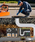 Heavy Duty Sewer Camera Kit For Pipe Inspection 100ft Borescope With Six LEDs 5 Inch IPS Screen 1080P HD Lens 17mm Probe IP68 Waterproof 5000mAh Battery Great For Plumbing Clogs And Drain Troubleshooting showing plumber inspecting drain