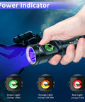 395 Nm UV Scuba Dive Light With Power Indicator in hand, showing underwater fluorescence and battery status lights.