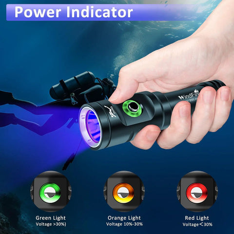 395 Nm UV Scuba Dive Light With Power Indicator in hand, showing underwater fluorescence and battery status lights.