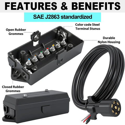 Rugged 7 Way Trailer Wiring Harness With Junction Box For RV Camper and Utility Trailers 6 Foot Waterproof Replacement Cable, detailed wiring components.