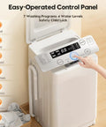 Control panel of Straight Up Solid Portable Washer And Dryer Combo with 7 programs and water levels, user operating it.