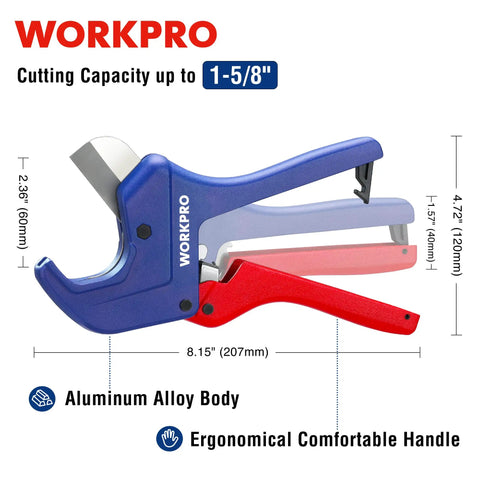 Built Tough Ratchet Pipe Cutter For PEX PVC PPR And Plastic Hoses Up To One And Five Eighths Inches with aluminum alloy body shown.