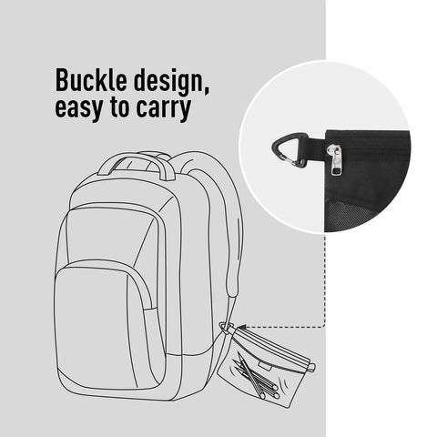 Grab-And-Go Water-Resistant Zipper Pouch Set mesh bag attached to backpack for easy carrying, black medium size.
