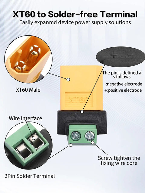 Diagram of XT60 To 2 Pin Screw Terminal Connector Adapter Set showing XT60 male and 2-pin solder terminal connections.