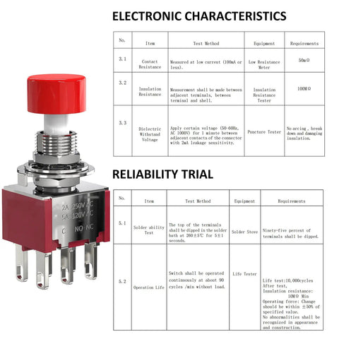 6 Pin Momentary Push Button Switch NO NC With Red Cap 3 Pack for AC 120V 5A or 250V 2A with electronic characteristics table.