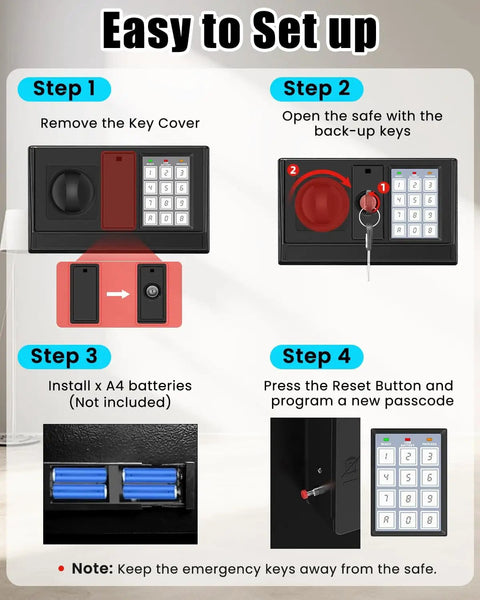 Home Fireproof Safe With Alarm System for 1700 F Protection Up To 35 Minutes setup guide showing key removal and battery installation.