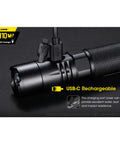 MH10 V2 Rechargeable Flashlight With 1200 Lumen Output, USB C Fast Charging shown with charging cable connected