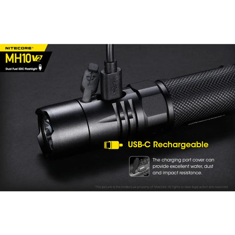MH10 V2 Rechargeable Flashlight With 1200 Lumen Output, USB C Fast Charging shown with charging cable connected