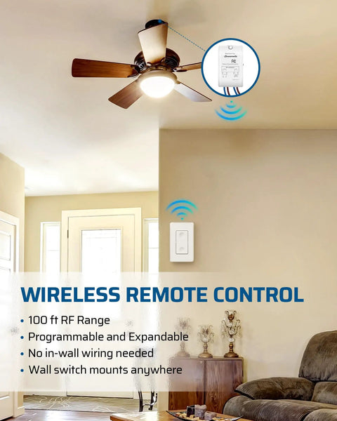 Wireless Light Switch Kit No Wiring Required 10A 1000W With Remote Control For Ceiling Lights Fans And Lamps 100 Ft RF Range No Fuss Install Between Power And Fixtures