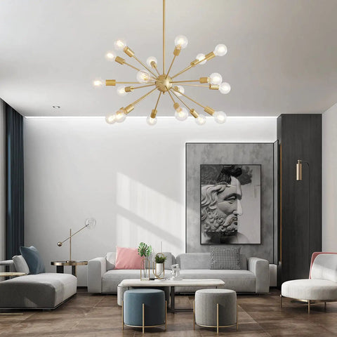 Sputnik Style Dope 15 Light Modern Ceiling Fixture Gleaming Gold Finish Semi Flush Mount Chandelier in modern living room.