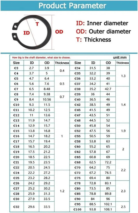 Chart of External Retaining Rings Black C Type Circlip For Shafts M4 To M8 And M70 Carbon Steel Snap Rings