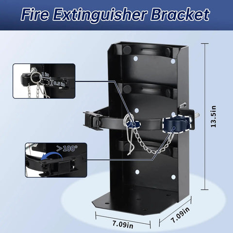 Heavy Duty Fire Extinguisher Bracket Wall Mount For 20 Lb Dry Chemical Or 10 Lb CO2 Extinguishers, black steel with dimensions shown