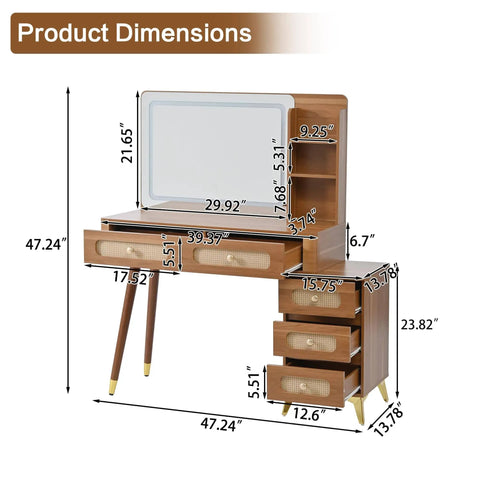Front view of Walnut Vanity Desk With Mirror And Lights, Vintage Mid Century Modern Makeup Vanity Table With Five Drawers And Three Open Shelves