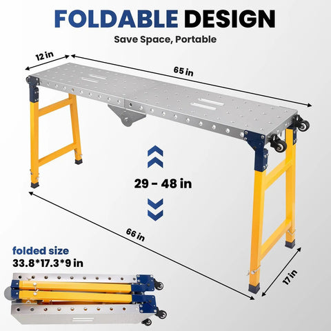 Built Tough Knockout Foldable Welding Table Top With Smooth Rolling Casters And Adjustable Height Galvanized Work Platform Supporting 1500 Pounds dimensions 65in x 12in.