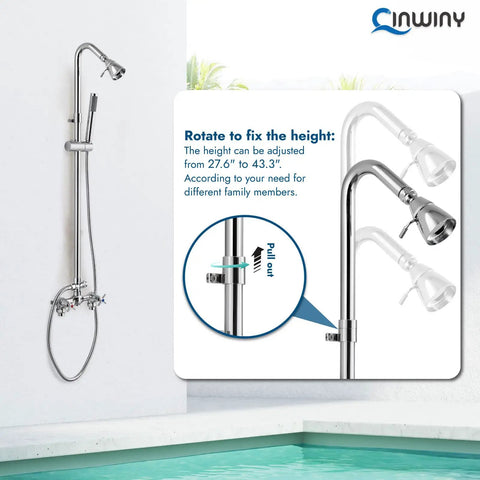 Polished Chrome Outdoor Shower Kit With Handheld Sprayer Wall Mount Double Cross Handles Adjustable Slide Bar And Dual Function