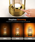 Portable Metal Table Lamp Cordless Rechargeable LED Light With 3 Color Infinitely Dimming Battery Powered Small Desk Lamp showing dimming settings in sleek gold