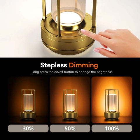 Portable Metal Table Lamp Cordless Rechargeable LED Light With 3 Color Infinitely Dimming Battery Powered Small Desk Lamp showing dimming settings in sleek gold