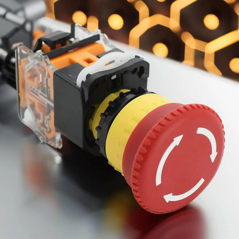 Close-up of mushroom head emergency stop button from 22mm Control Station Box Set With Red And Green Momentary Push Buttons