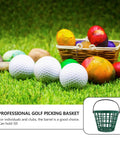Golf balls on grass beside basket, Go To Green Practice Golf Ball Basket With Foldable Handle Holds Up To 50 Balls Portable Plastic Caddy