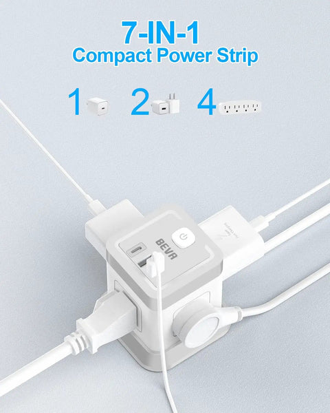 Top view of 7 In 1 Power Strip Cube with 4 Outlets and 3 USB Ports, 5 Foot Extension Cord, overload protection in use