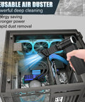 Cordless Air Duster 120000 RPM Turbocharged Blower with 4 Speed Settings, cleaning a PC interior with powerful airflow.
