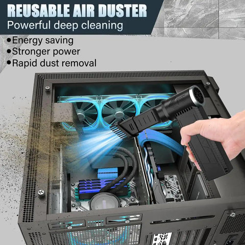 Cordless Air Duster 120000 RPM Turbocharged Blower with 4 Speed Settings, cleaning a PC interior with powerful airflow.