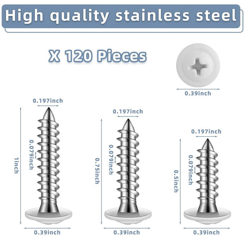 120 Piece Size Eight White Wood Screws Set For Self Tapping And Wall Plates With Pan Head Truss Screws For Woodworking DIY Projects Shutters And Bookshelves In Half Inch Three Quarter Inch And One Inch Lengths, different screw lengths displayed