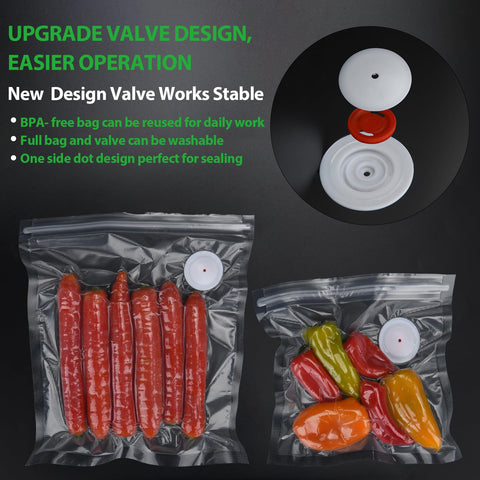 60 Pack Vacuum Sealer Bags For Food BPA Free Reusable With Upgraded Air Valve shown with sausages and peppers