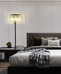 Crystal Floor Lamp With Foot Pedal Dope Modern Standing Light for bedroom with black tall pole and 3-light fixture.