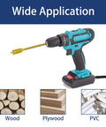 Cordless drill with titanium spade bit from 8 Piece Spade Drill Bit Set For Woodworking 3/8 To 1-1/2 Inch showing applications on wood, plywood, PVC.