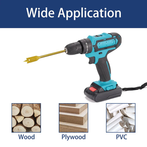 Cordless drill with titanium spade bit from 8 Piece Spade Drill Bit Set For Woodworking 3/8 To 1-1/2 Inch showing applications on wood, plywood, PVC.