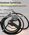 Aluminum Spool Gun for Miller 210 Spoolmate 3035, 5M Cable, DC24V, coiled cables displayed with sparks.