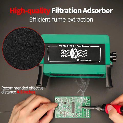 Tiltable Solder Fume Extractor With 8 Extra Filters Solder Smoke Absorber in use on electronics workbench with circuit board