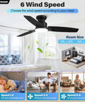 42 Inch Flush Mount Ceiling Fan With Slick Black And Warm Wood Blades Super Quiet Dc Motor Six Speed Reversible Airflow Killer Dimmable LED Light Remote For Bedroom Living Room Office Effortless Cooling Setup Hassle Free Install Modern Fresh Vibe showing various speed settings in a stylish bedroom.