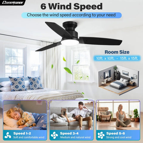 42 Inch Flush Mount Ceiling Fan With Slick Black And Warm Wood Blades Super Quiet Dc Motor Six Speed Reversible Airflow Killer Dimmable LED Light Remote For Bedroom Living Room Office Effortless Cooling Setup Hassle Free Install Modern Fresh Vibe showing various speed settings in a stylish bedroom.