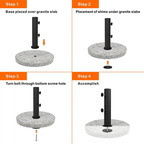 Ultra Sturdy Heavy Duty Granite Umbrella Stand For Outdoor Tables And DIY Projects Adjustable Post Clamp Fits One Point Three To Two Inches Stone Base Holder For Cement And Granite Boards assembly steps