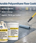 Rock Solid And Hella Durable Single Component Polyurethane Concrete Floor Sealer With UV Stain Resistant Aliphatic Urethane For Top Shelf Clear Protective Finish On Garage Slabs And Microtoppings Five Gallons displayed with roller, showing gallon and five-gallon containers.