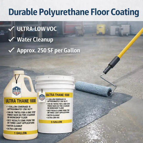 Rock Solid And Hella Durable Single Component Polyurethane Concrete Floor Sealer With UV Stain Resistant Aliphatic Urethane For Top Shelf Clear Protective Finish On Garage Slabs And Microtoppings Five Gallons displayed with roller, showing gallon and five-gallon containers.