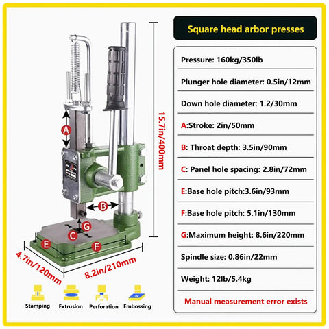 Built Tough Heavy Duty Arbor Press 700 Lb Capacity Benchtop Powerhouse with pressure and dimensions for leather stamping and hole punching.