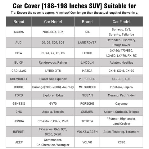 Size chart for Beefed Up Heavy Duty Hail Protection Car Cover For SUV Waterproof Padded Outdoor Shield with compatible SUV models.
