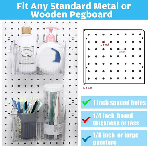Front view of Sweet 4 Piece Pegboard Bins Set With Metal Hooks For Garage Organization Clear Plastic Bins Keep Tools Neatly Stashed And Within Reach On Your Workbench 7.9 By 3.3 By 4.7 Inches mounted on pegboard with toiletries and brushes.