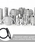 Stainless steel camlock fittings with black rubber gaskets for 4 inch camlock female fittings, oil and chemical resistant.